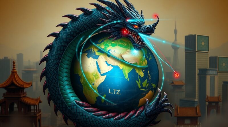 Futurystyczny, cybernetyczny smok oplata glob. Metafora chińskiej dominacji opartej na sztucznej inteligencji i nadzoru.