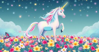 Pastelowy jednorożec z kodu, horn z binarnych zer i jedynek, keyboards zamiast kwiatów, ikony aplikacji na niebie.