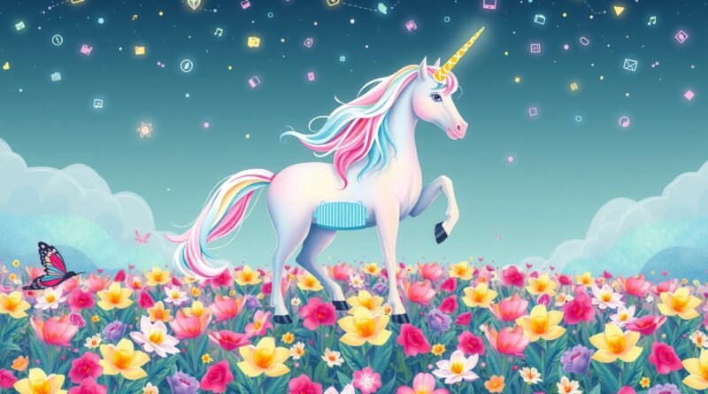 Pastelowy jednorożec z kodu, horn z binarnych zer i jedynek, keyboards zamiast kwiatów, ikony aplikacji na niebie.