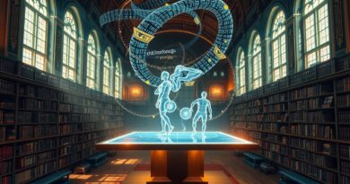 Biblioteka wiedzy z binarnym kodem, SQL i tańczącymi AI, symbolizuje połączenie analizy danych.