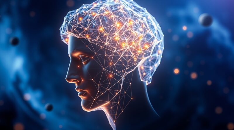 Poligonalna głowa 3D z sieci świateł, symbol Hunyuan3D-PolyGen i przyszłości tworzenia gier.