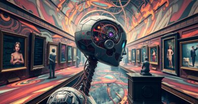 Surrealistyczna wizja AI oceniającej sztukę w labiryntowej galerii. Kod, pędzle, inspiracje Rutkowskim, Muchą i sztuką generatywną.