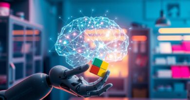 Przezroczysty mózg z obwodami, nakładający się na ramię robota układającego kostkę Rubika w zaawansowanym laboratorium.