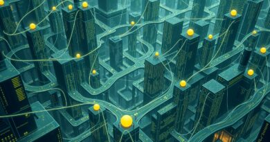 Surrealistyczne miasto z kodu, inżynierowie oprogramowania i kule AI ilustrują optymalizację wydajności kodu.