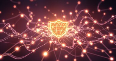 Połączona sieć agentów AI jako świetliste kule, przepływające strumienie danych oraz ochronna tarcza etyki.