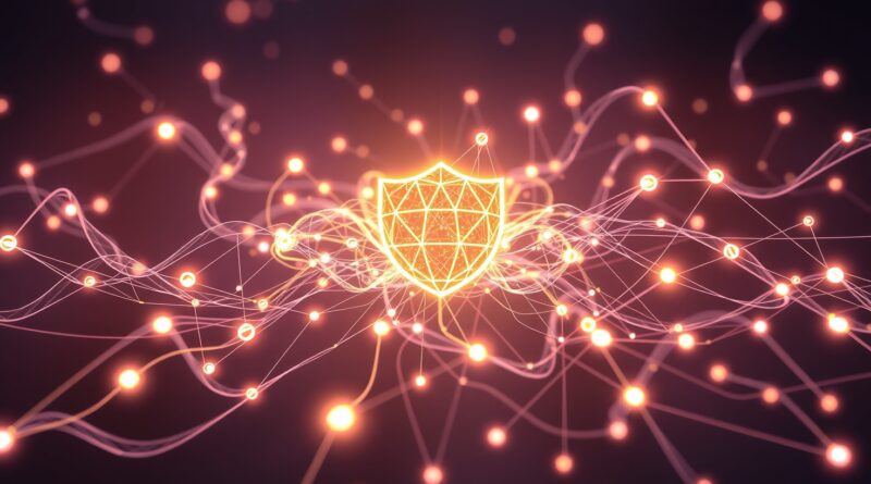 Połączona sieć agentów AI jako świetliste kule, przepływające strumienie danych oraz ochronna tarcza etyki.