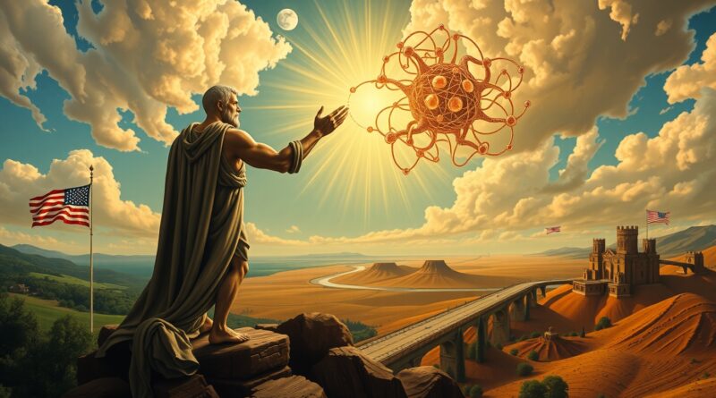 Neoklasyczny tytan USA sięga po sieć neuronową na tle podzielonego krajobrazu i flag.