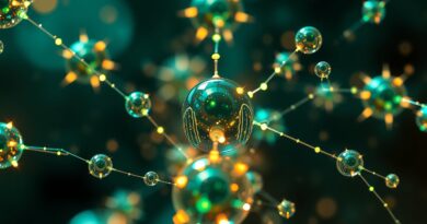 Świecące orby i eteryczne nici światła symbolizujące wiązania atomowe w uniwersalnych modelach UMA.