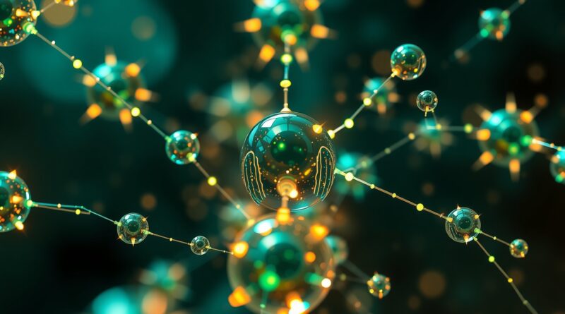 Świecące orby i eteryczne nici światła symbolizujące wiązania atomowe w uniwersalnych modelach UMA.