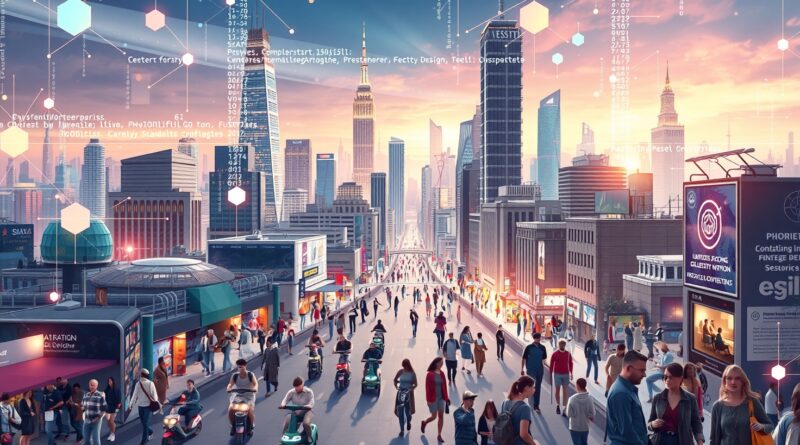 Futurystyczna wizja miasta, przetworzona przez AI, z autonomicznymi pojazdami i kodem. Mikromobilność w symulacji URBAN-SIM.