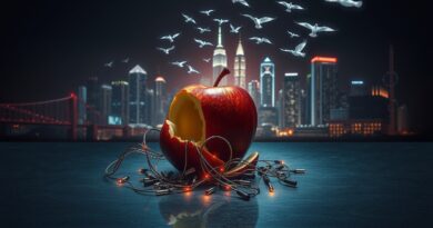 Rozbita, cyfrowa jabłko i ptaki z kodu lecą do futurystycznego miasta Mety.