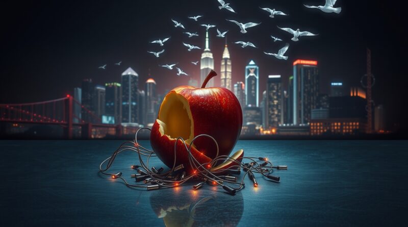 Rozbita, cyfrowa jabłko i ptaki z kodu lecą do futurystycznego miasta Mety.