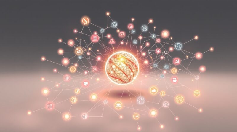 Połączone strumienie danych spływają do świecącej kuli AI, z ikonami źródeł danych, symbolizując jednolity dostęp.