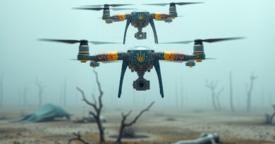 Surrealistyczny pejzaż bitewny: cyfrowe sieci neuronowe, drony, kolory ukraińskiej flagi, hyperrealizm.