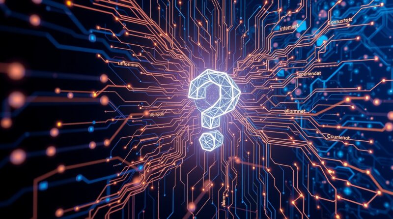 Złożona sieć neuronowa z danymi, znak zapytania w binarnym kodzie, subtelne wykresy finansowe w tle.