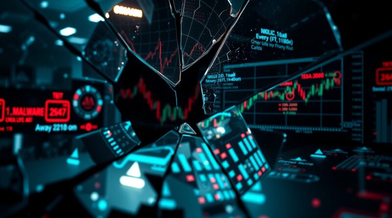 Roztrzaskane, zaawansowane technologicznie lustro odbija zniekształcone dane finansowe, ukazując ukryte cyberzagrożenia dla systemów AI.