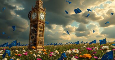 Barokowa wieża zegarowa z neuronowymi sieciami, cyfrowe kwiaty, niebo z flag UE i kodu binarnego. Symbol AI Act.