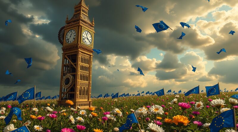 Barokowa wieża zegarowa z neuronowymi sieciami, cyfrowe kwiaty, niebo z flag UE i kodu binarnego. Symbol AI Act.