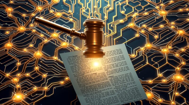 Labirynt cyfrowych obwodów z młotkiem sędziowskim uderzającym w dokument prawniczy, symbolizujący regulacje AI.