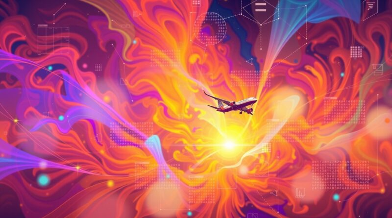 Nebula dźwiękowa w eterycznych kolorach, samoloty United, chmury mowy, siatki danych symbolizujące AI głosowe w lotnictwie.
