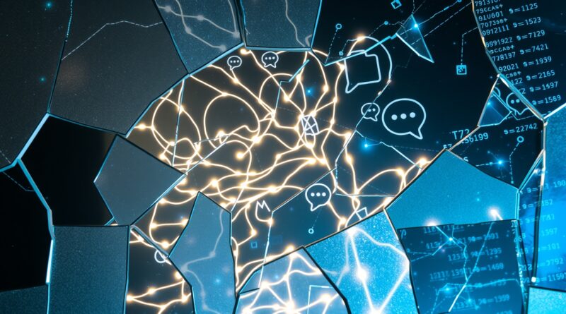 Poplątane neuronalne ścieżki rozmów ChatGPT za pękniętym szkłem, odzwierciedlają obawy o prywatność w internecie.