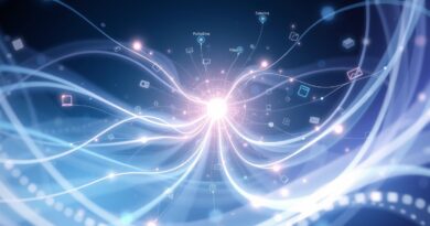 Abstrakcyjna grafika: Strumienie światła (obrazy, wideo, dokumenty) zbiegają się w centralnym, świetlistym punkcie – zunifikowana wiedza.