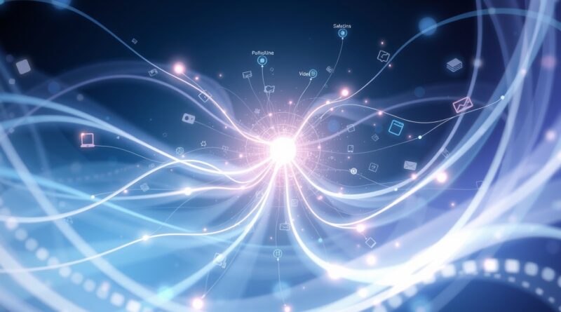 Abstrakcyjna grafika: Strumienie światła (obrazy, wideo, dokumenty) zbiegają się w centralnym, świetlistym punkcie – zunifikowana wiedza.