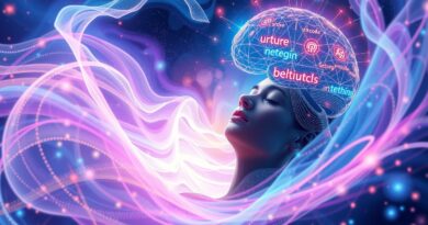 Człowiek w transie tworzy kod, łącząc się z nebulą-mózgiem AI - intuicyjne programowanie przyszłości.