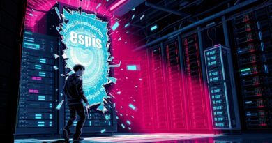 Roztrzaskany serwer PostgreSQL, zestresowany programista, neonowe światła i wir kodu AI. Cyberpunkowy koszmar.