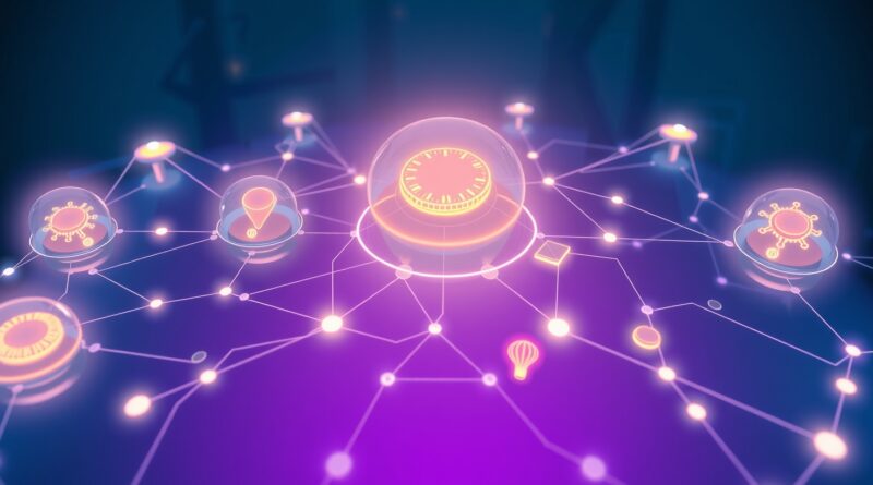 Futurystyczna sieć AI: superagenci usprawniający e-commerce w Walmarcie. Grafika w odcieniach błękitu i fioletu.