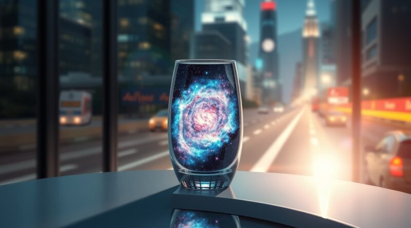 Eteryczne opakowanie AI: galaktyczna nebula w szklanym flakonie, symbol innowacji na tle miasta.