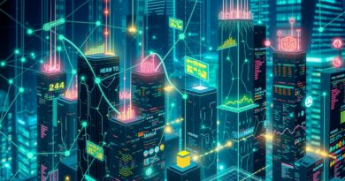 Abstrakcyjna, wertykalna panorama miasta z sieci neuronowych, symbolizująca specjalizację AI w różnych sektorach.