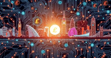 Spleciona sieć obwodów zarysowująca panoramy Londynu i Singapuru, symbolizująca AI w globalnych finansach.