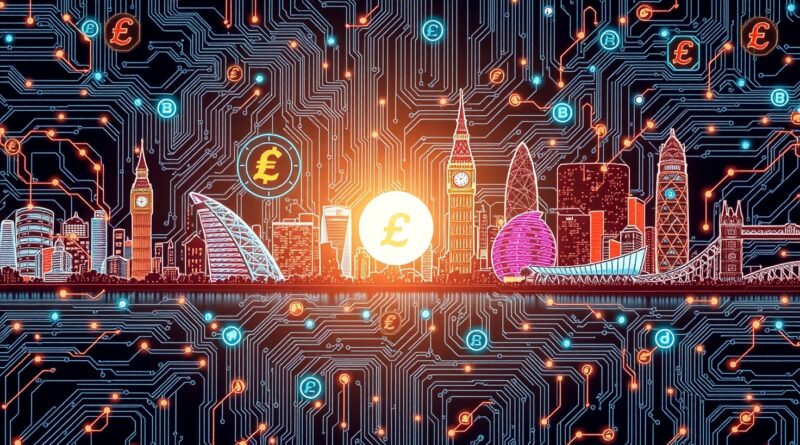 Spleciona sieć obwodów zarysowująca panoramy Londynu i Singapuru, symbolizująca AI w globalnych finansach.