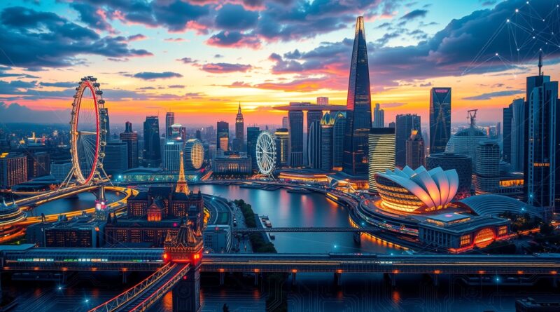 Futurystyczna wizja Londynu i Singapuru spleciona z obwodami, symbolizująca współpracę w regulacji AI finansów.
