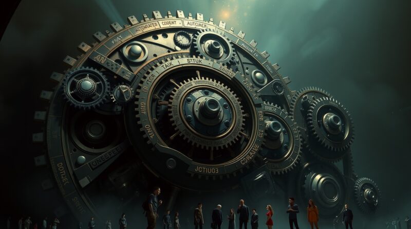 Ogromny mechanizm zegarowy AI przytłacza ludzi, sugerując niepewną przyszłość i dominację sztucznej inteligencji.