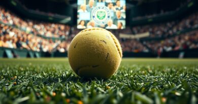 Zniszczona piłka tenisowa na trawie Wimbledonu, symbolizująca kontrowersje wokół sędziowania AI.