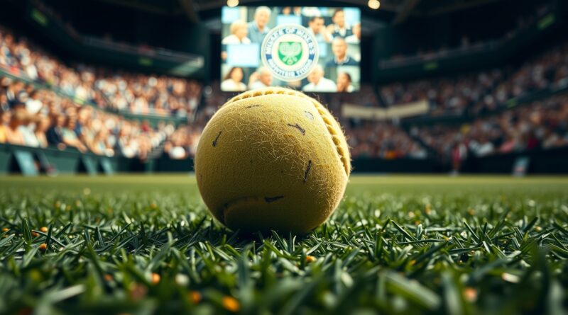 Zniszczona piłka tenisowa na trawie Wimbledonu, symbolizująca kontrowersje wokół sędziowania AI.