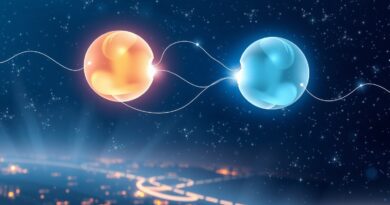 Dwie świetliste kule w wirtualnej przestrzeni, symbolizujące empatię i emocjonalną wymianę, na tle futurystycznego miasta.