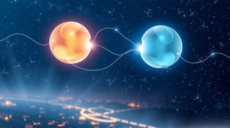 Dwie świetliste kule w wirtualnej przestrzeni, symbolizujące empatię i emocjonalną wymianę, na tle futurystycznego miasta.