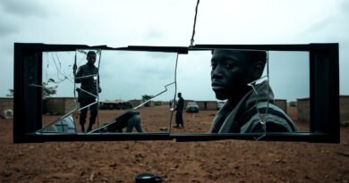 Potłuczone lustro odbija obóz uchodźców w Czadzie i fragmentowany wizerunek sudańskiego żołnierza.