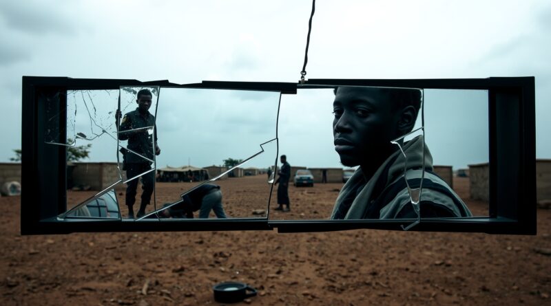 Potłuczone lustro odbija obóz uchodźców w Czadzie i fragmentowany wizerunek sudańskiego żołnierza.
