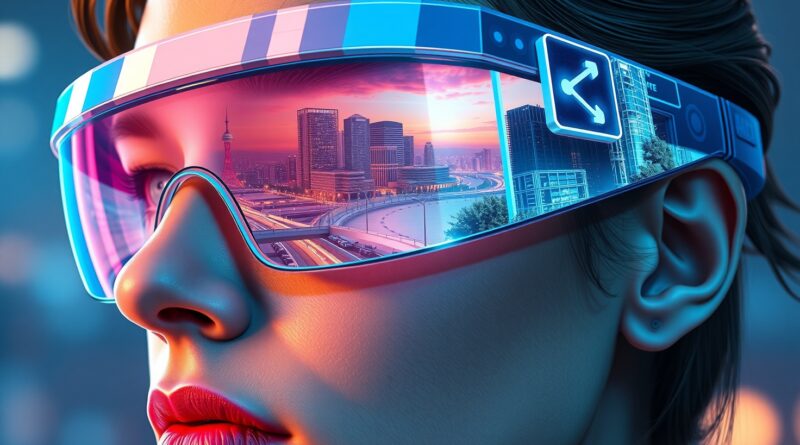 Futurystyczny portret osoby w okularach AR. W soczewkach odbicie holograficznego miasta splecionego z naturą.