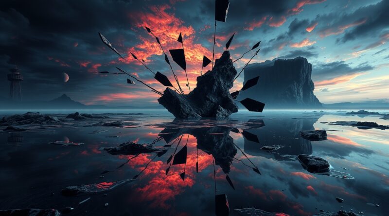 Rozbity cyfrowy znak wodny nad surrealistycznym krajobrazem, odbitym w wodzie, symbolizuje pęknięcie ochrony deepfake'ów.