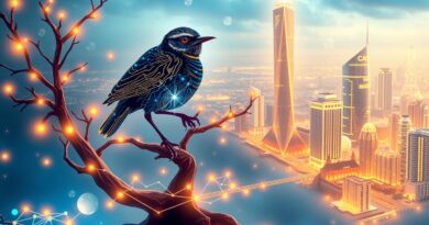 Stylizowany rudzik z obwodów drukowanych na drzewie danych, z tłem futurystycznego miasta danych i oceanu informacji.