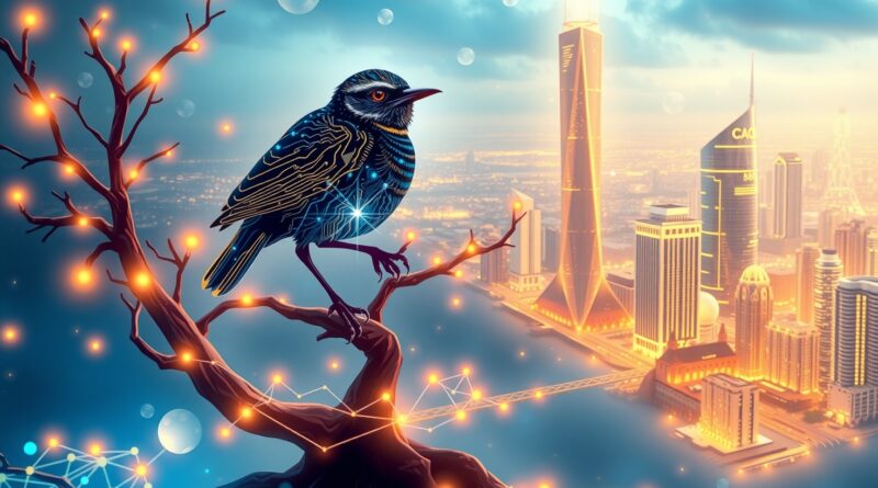 Stylizowany rudzik z obwodów drukowanych na drzewie danych, z tłem futurystycznego miasta danych i oceanu informacji.