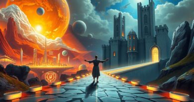 Skrzyżowanie: futurystyczne miasto kontra twierdza. Postać waży wybór wśród danych. Dylemat AI.