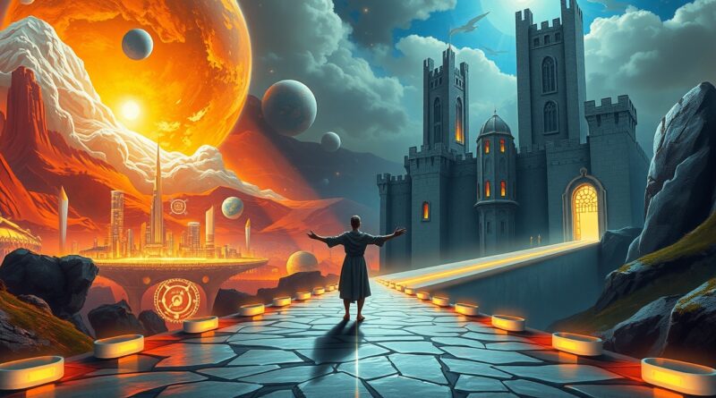 Skrzyżowanie: futurystyczne miasto kontra twierdza. Postać waży wybór wśród danych. Dylemat AI.