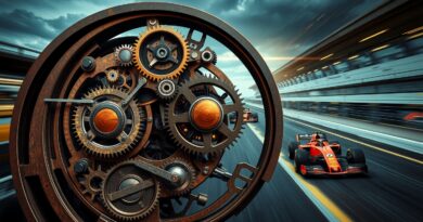 Złożony mechanizm zegarowy z zablokowanymi przekładniami na tle rozmazanego krajobrazu z wyścigiem Formuły 1.