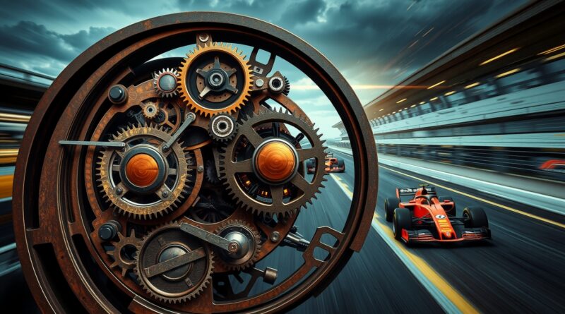 Złożony mechanizm zegarowy z zablokowanymi przekładniami na tle rozmazanego krajobrazu z wyścigiem Formuły 1.